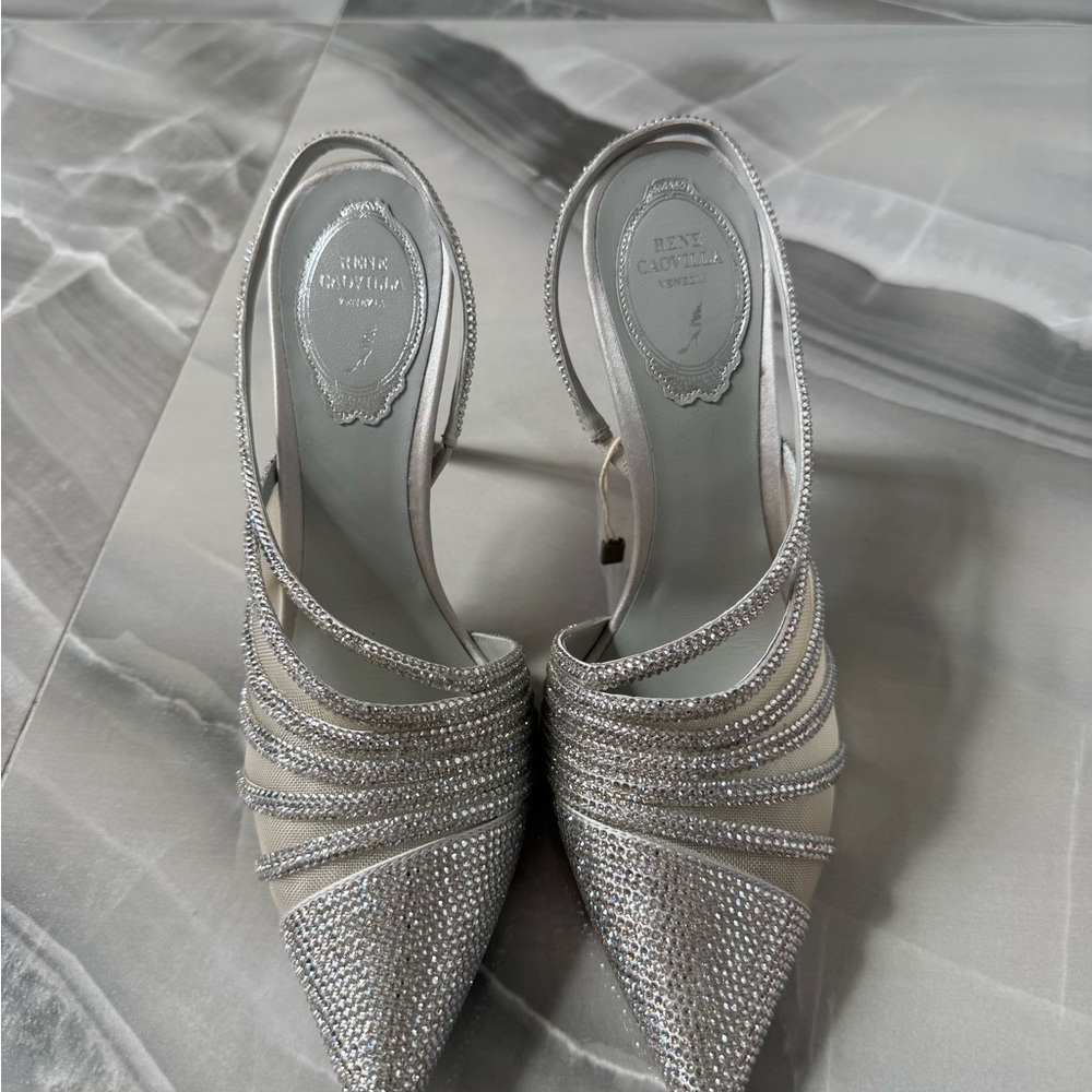 Rene Caovilla Silver Crystal-Embellished Slingback Pumps